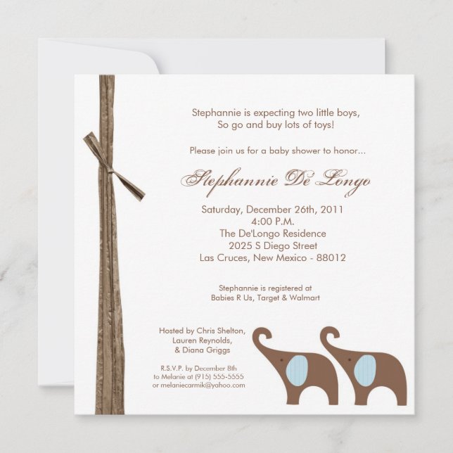 5x5 Twin Boy Elephants Baby Shower Invitation (Front)