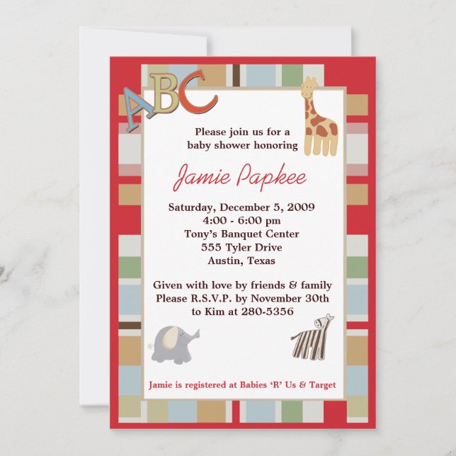 5x7 ABC Alphabet Soup Striped Baby Shower Invitation (Front)