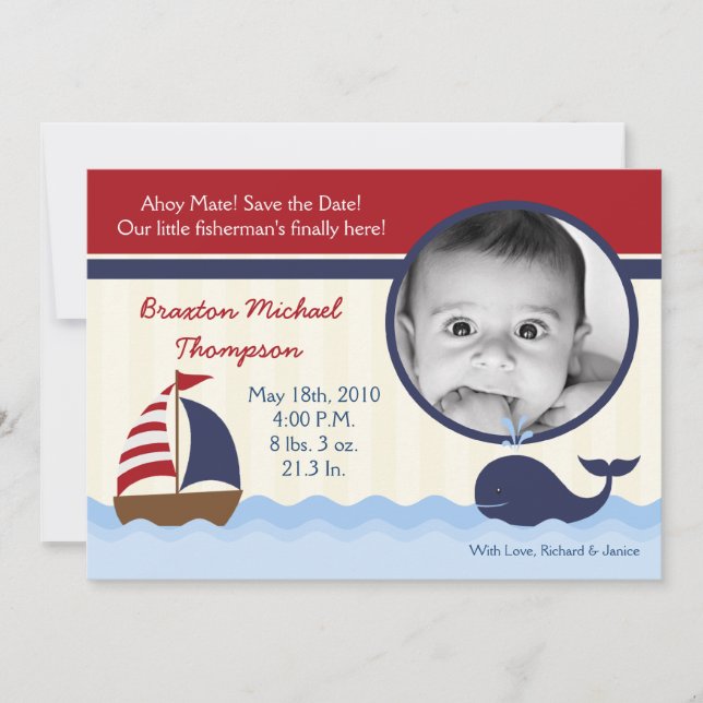 5x7 Ahoy Nautical Whale Photo Faire-part de naissa (Devant)
