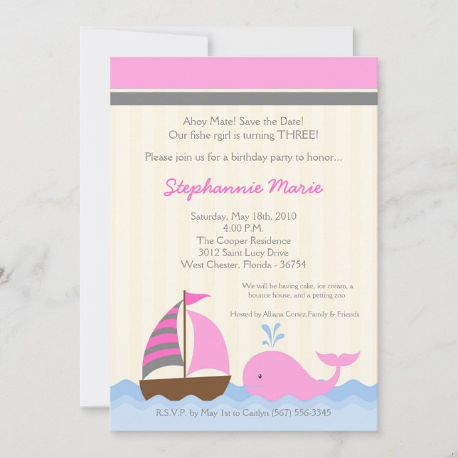 5x7 AhoyNautical Whale Boat Invitation d'anniversa (Devant)