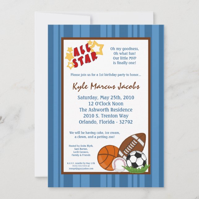 5x7 AllStar MVP SportBall Birthday Part Invitation (Front)