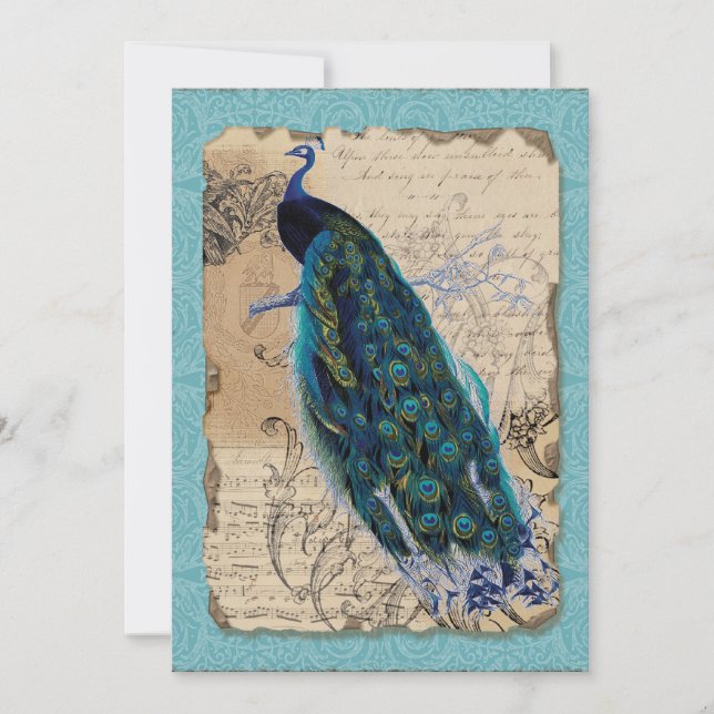 5x7 Ancient Peacock Vintage Wedding Invitation (Front)