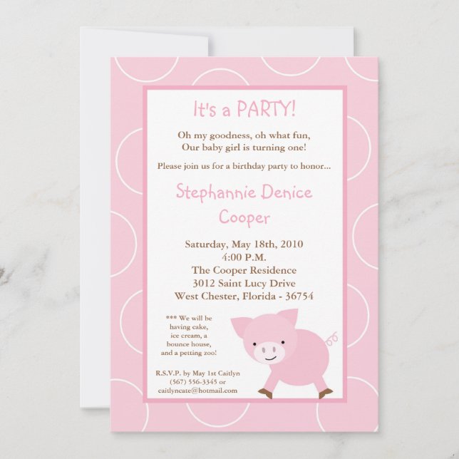 5x7 Animaux de ferme Cochon rose Invitation à la f (Devant)