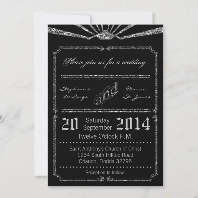 5x7 Art Deco 20's Silver Glitte Wedding Invitation (Front)