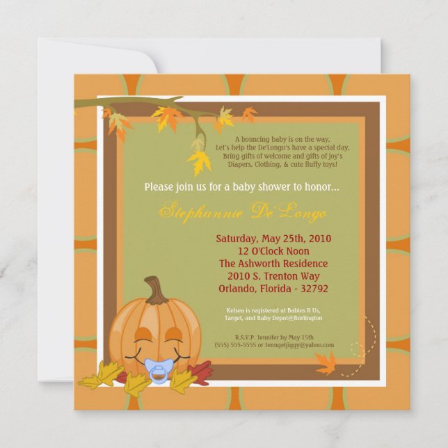 5x7 Automne Citrouille Invitation Baby shower (Devant)