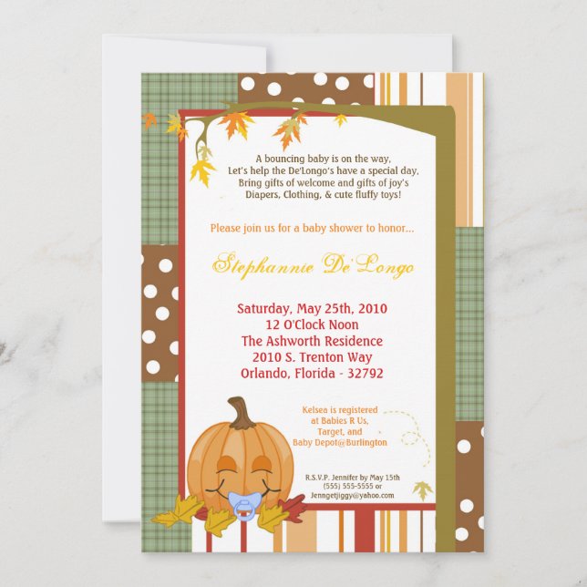 5x7 Automne Citrouille Invitation Baby shower d'au (Devant)