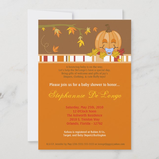 5x7 Automne Citrouille Invitation Baby shower d'au (Devant)