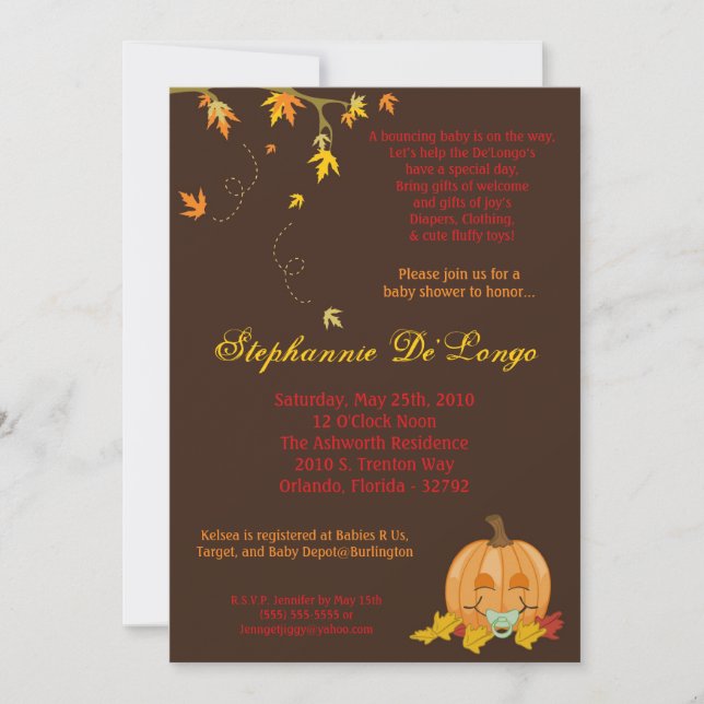 5x7 Automne Citrouille Invitation Baby shower d'au (Devant)