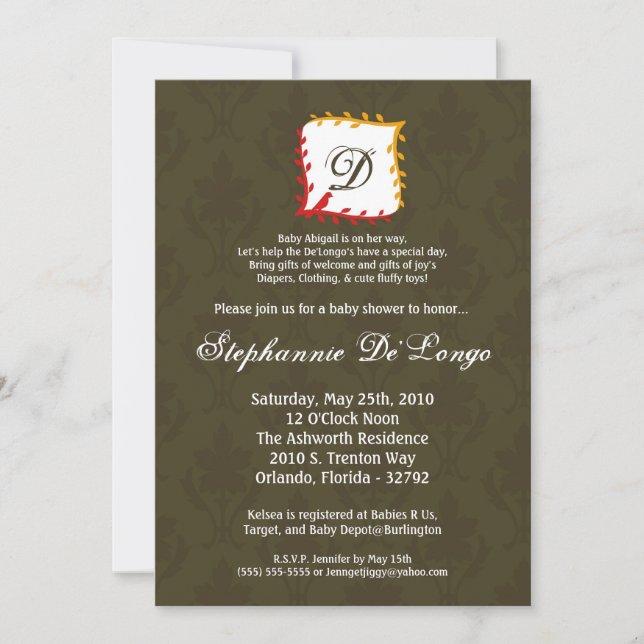 5x7 Automne Damas Mono Baby shower Invitation (Devant)