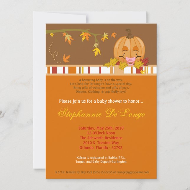 5x7 Autumn Fall Pumpkin Baby Shower Invitation (Front)