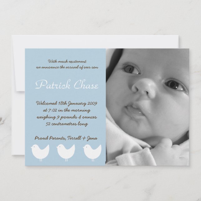5x7 Baby Boy Blue 3 Birds Photo Faire-part de nais (Devant)