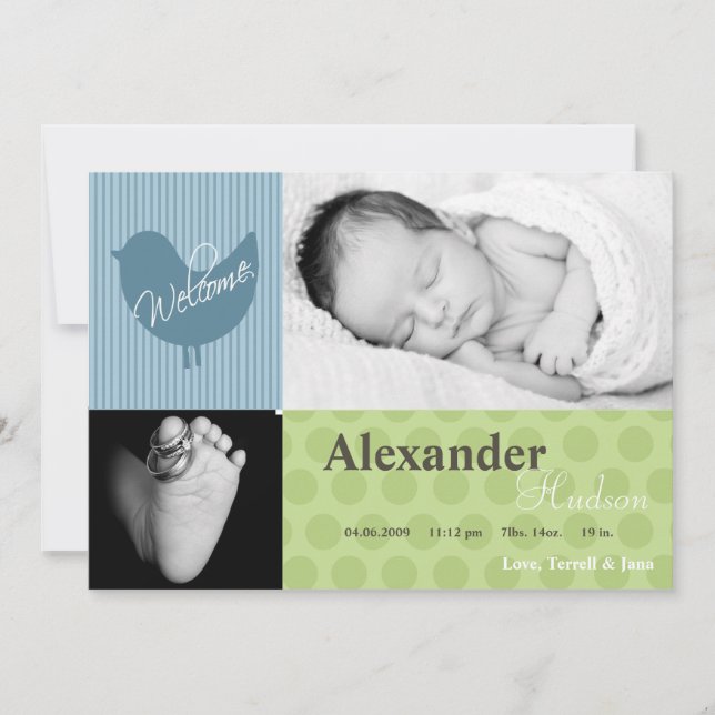 5x7 Baby Boy Blue Bird Photo Birth Announcement (Front)