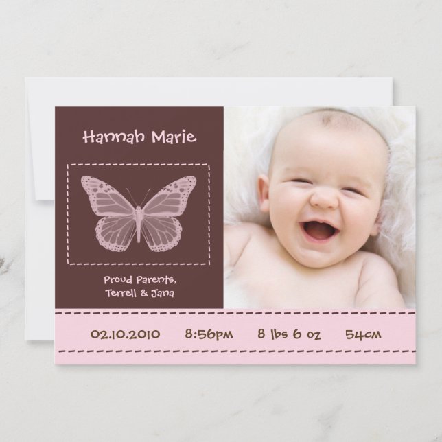 5x7 Baby Girl Butterfly Photo Faire-part de naissa (Devant)