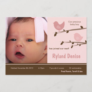 5x7 Baby Girl Pink Birds Photo Birth Announcement