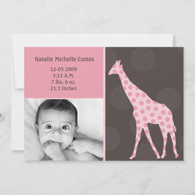 5x7 Baby Girl Pink Giraffe Faire-part de naissance (Devant)