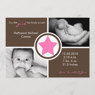 5x7 Baby Girl Pink Star Photo Birth Announcement