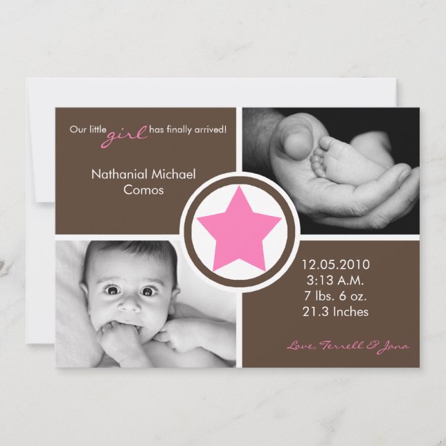 5x7 Baby Girl Pink Star Photo Birth Announcement (Front)