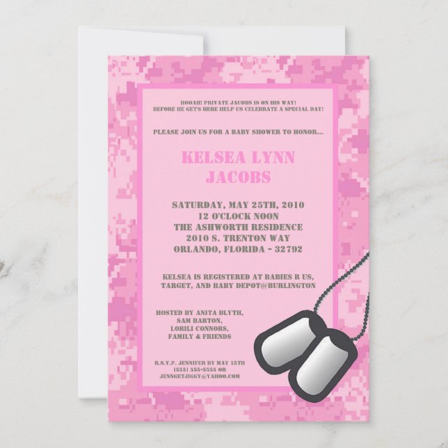 5x7 Baby shower Invitation Camo ACU ARMÉE rose (Devant)