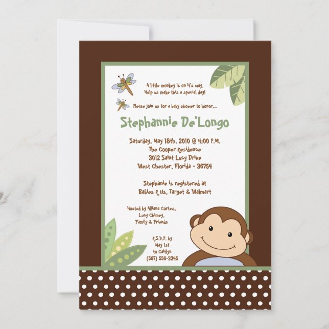 5x7 Baby shower Papagayo Monkey Safari Invitation (Devant)