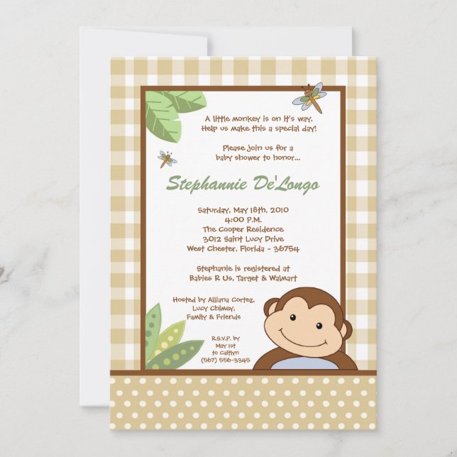 5x7 Baby shower Papagayo Monkey Safari Invitation (Devant)