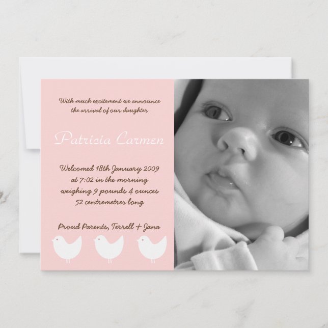 5x7 BabyGirl rose 3 oiseaux Faire-part de naissanc (Devant)