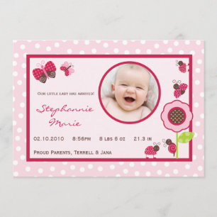 5x7 Berry Garden Lady Bug Photo Birth Announcement