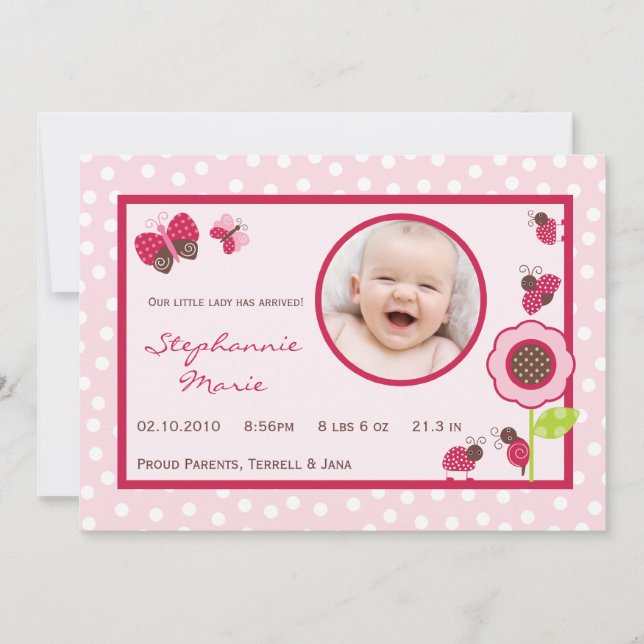 5x7 Berry Garden Lady Bug Photo Birth Announcement (Front)