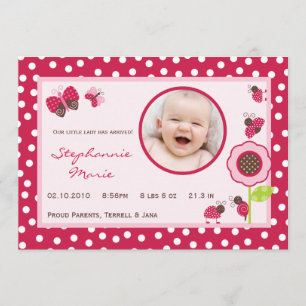 5x7 Berry Garden Lady Bug Photo Birth Announcement