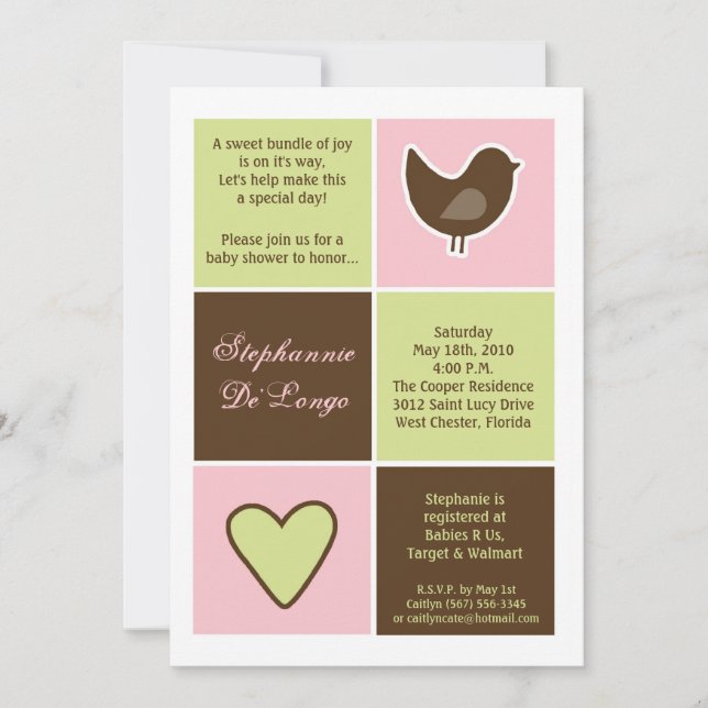 5x7 Bird and Heart Blocks Baby Shower Invitation (Front)
