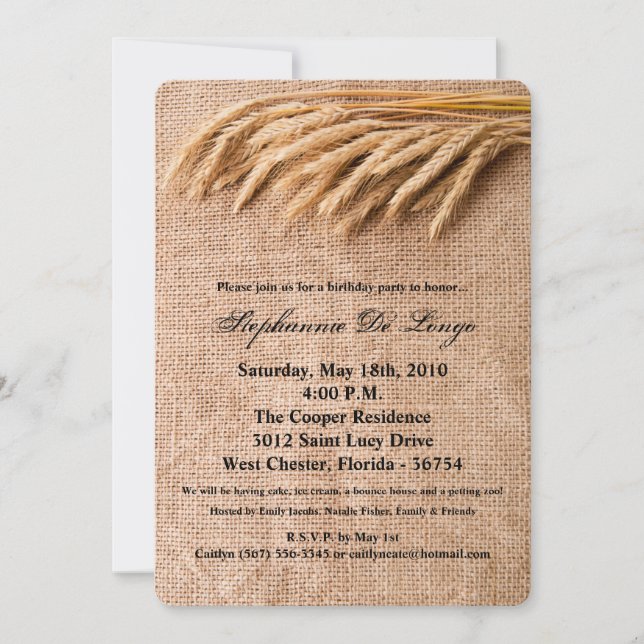 5x7 Birthday Invitation Wheat on Burlap Sack Count (Front)