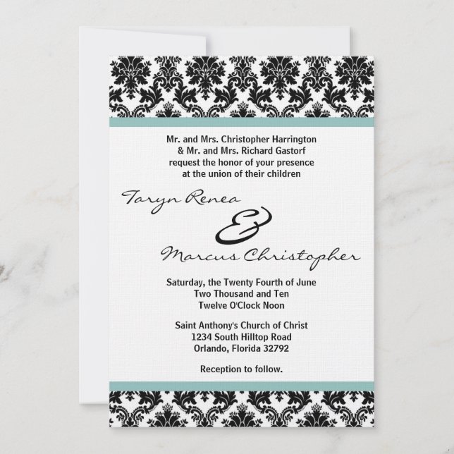 5x7 Black Damask Blue Linen Wedding Invitation (Devant)