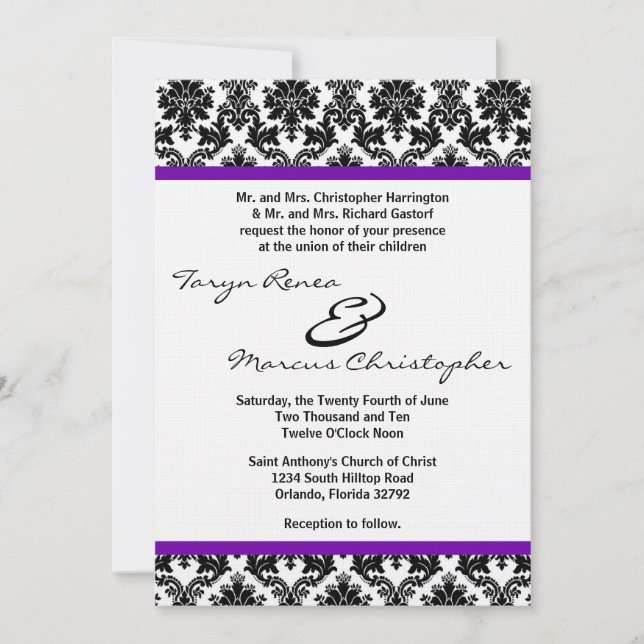 5x7 Black Damask & Purple Linen Wedding Invitation (Front)