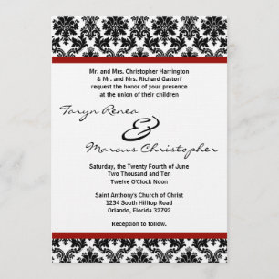 5x7 Black Damask Red Crim Linen Wedding Invitation