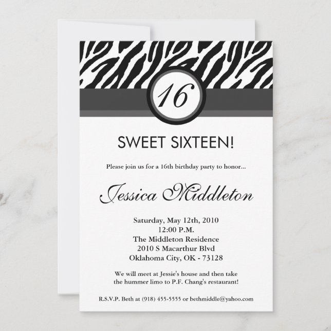 5x7 Black Grey Zebra16th Birthday Invitation (Front)