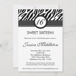 5x7 Black Grey Zebra16th Birthday Invitation