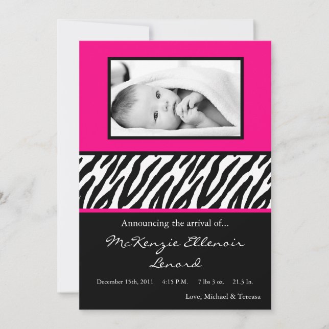 5x7 Black Hot Pink Zebra PHOTO Birth Announcement (Front)