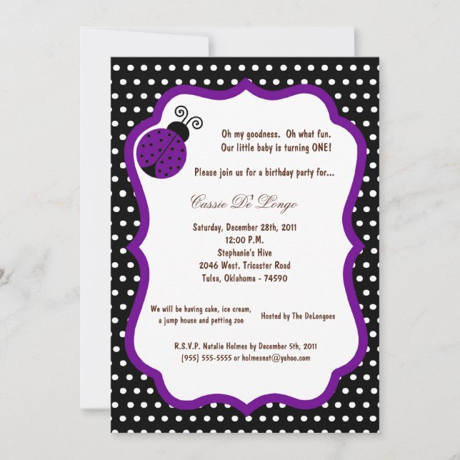 5x7 Black Lady Bug Birthday Party Invite (Front)