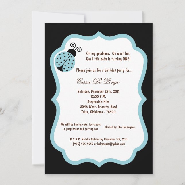 5x7 Black Lady Bug Birthday Party Invite (Front)