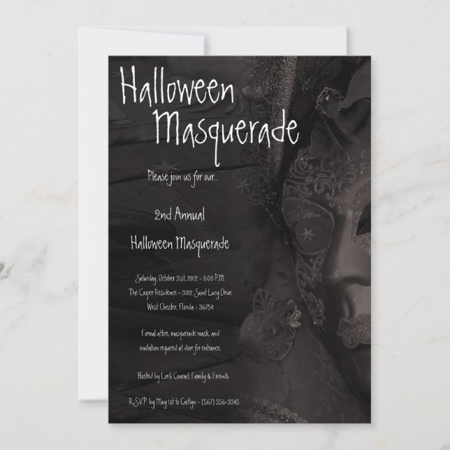 5x7 Black Masquerade Halloween Costume Invitation (Front)
