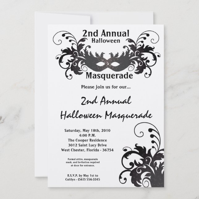 5x7 Black Masquerade Halloween Costume Invitation (Front)