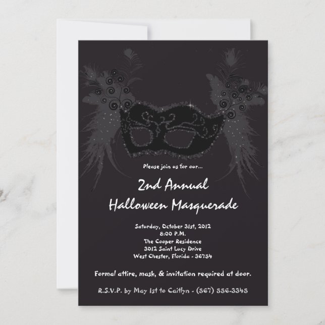 5x7 Black Masquerade Invitation Costume Halloween (Devant)