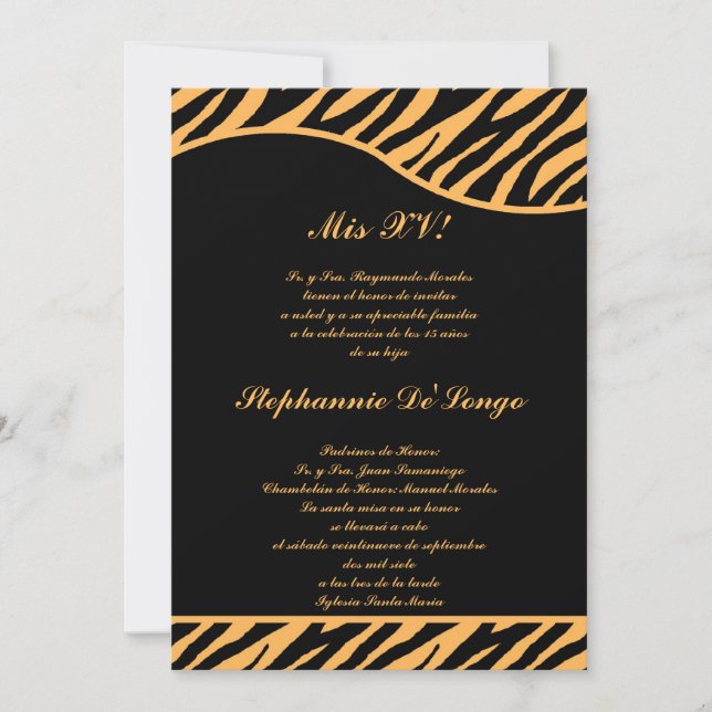 5x7 Black Orange Tiger Quinceanera Invitation de l (Devant)