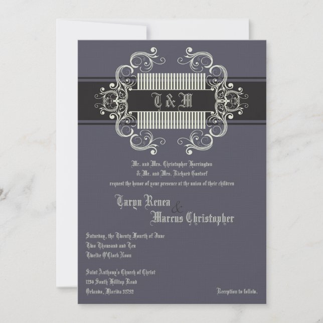 5x7 Black Tie Affair Grey Linen Wedding Invitation (Front)