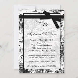 5x7 Black ToileFabric Sweet 16 Birthday Invitation