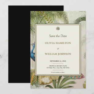 5x7 Black Tropical Peacock Palm Wedding  Save The Date