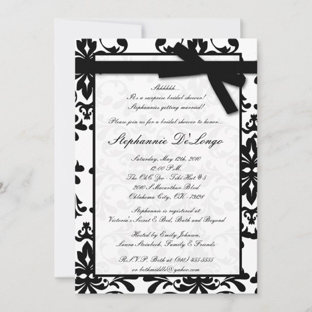 5x7 Black White Damask Bridal Shower Invitation (Front)