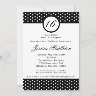 5x7 Black White Polka Dot 16th Birthday Invitation