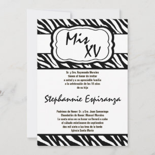 5x7 Black Zebra Imprimer Quinceanera 15 Invitation