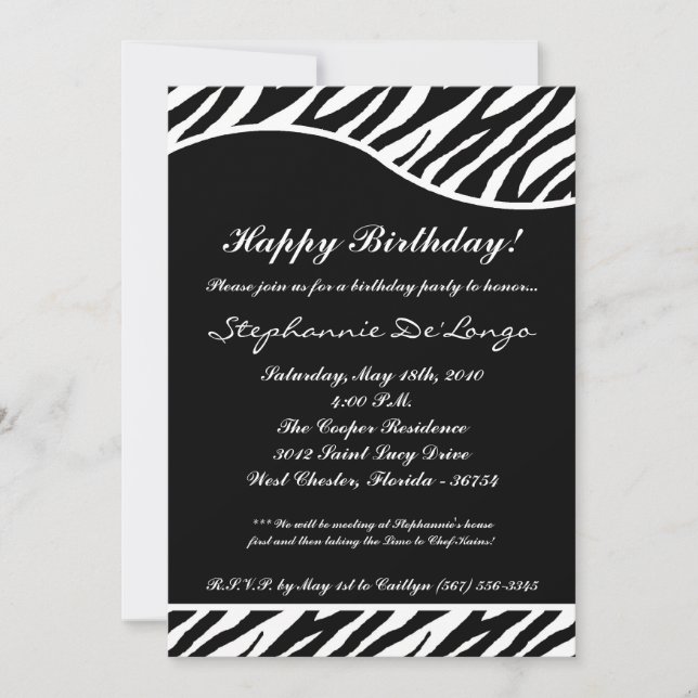 5x7 Black Zebra Print Birthday Party Invitation (Front)