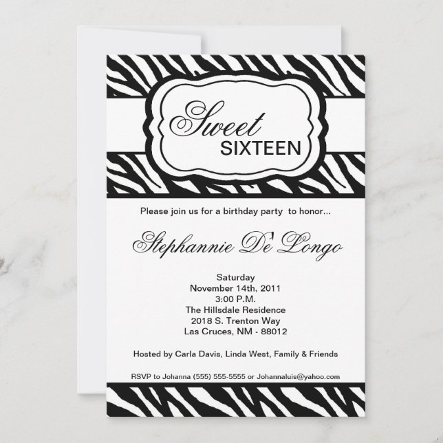 5x7 Black Zebra Print Birthday Party Invitation (Front)